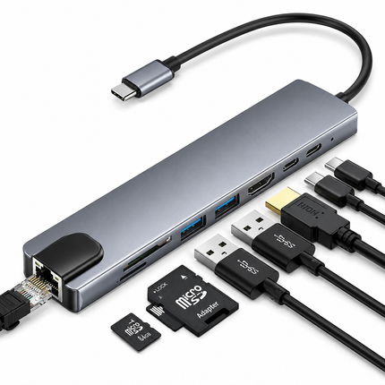 Multifunktionell USB-C Hub 8-i-1 – 4K HDMI, USB 3.0, SD/TF & RJ45