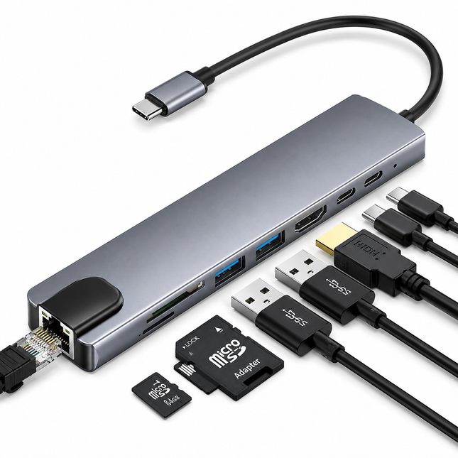 Multifunktionell USB-C Hub 8-i-1 – 4K HDMI, USB 3.0, SD/TF & RJ45