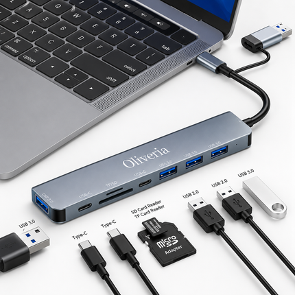 Multifunktionell USB-C Hub 8-i-1 – 4K HDMI, USB 3.0, SD/TF & RJ45