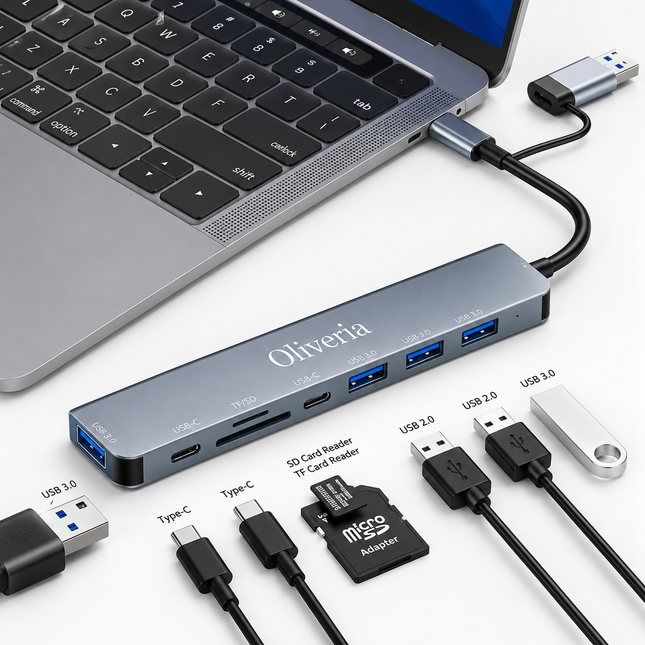 Multifunktionell USB-C Hub 8-i-1 – 4K HDMI, USB 3.0, SD/TF & RJ45