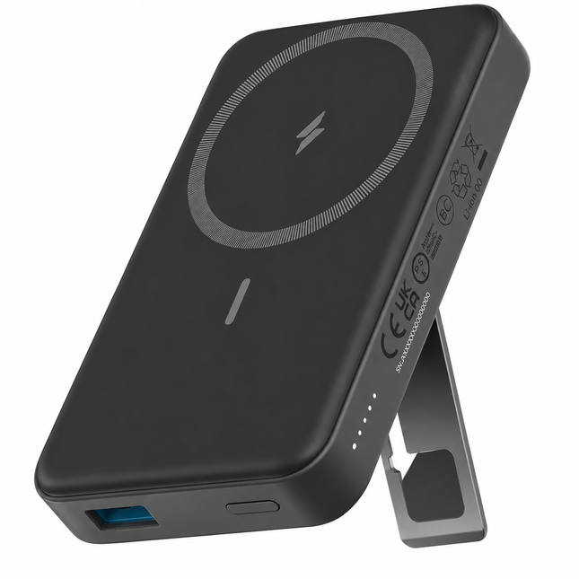 Magnetisk Powerbank 10 000mAh – Trådlös Laddning, 20W USB-C & Vikbart Stativ