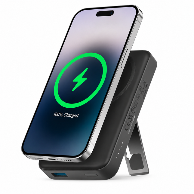 Magnetisk Powerbank 10 000mAh – Trådlös Laddning, 20W USB-C & Vikbart Stativ