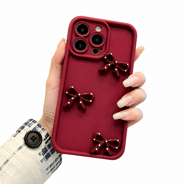 Vinrött Mobilskal med Rosetter – Elegant 3D Bow Phone Case