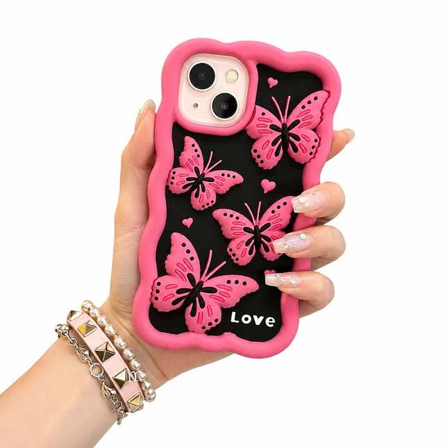 Rosa & Svart Butterfly Mobilskal – 3D Fjärilar & Hjärtan