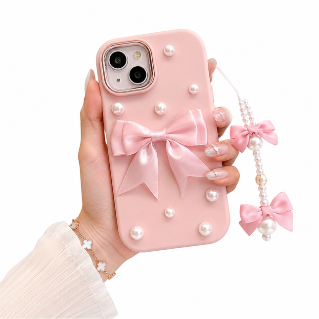 Rosa Mobilskal med Rosett & Pärlor – Elegant Bow Case