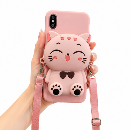 Rosa Katt Mobilskal med Axelrem – 3D Cute Cat Phone Case