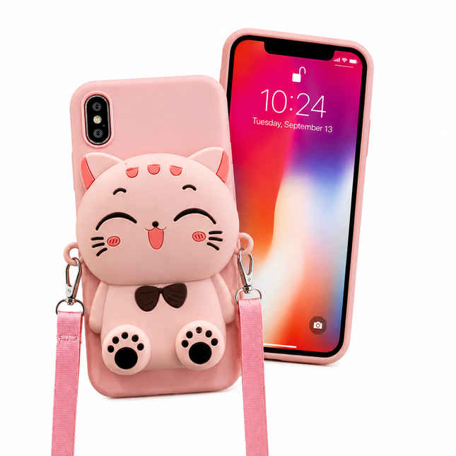 Rosa Katt Mobilskal med Axelrem – 3D Cute Cat Phone Case
