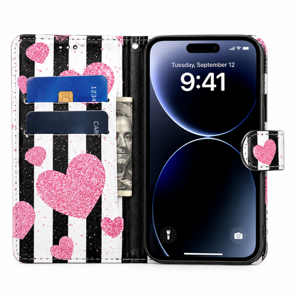 Heart Stripe Plånboksfodral för iPhone 17 Pro & 17 Pro Max – Kortfack & Ställfunktion
