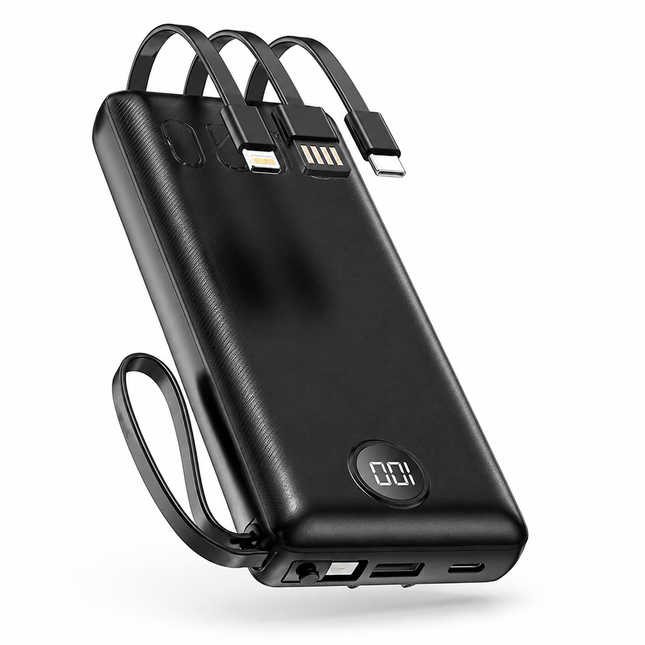 10000mAh Powerbank 15W – Inbyggda Kablar, Digital LED-display & Snabbladdning (A305)