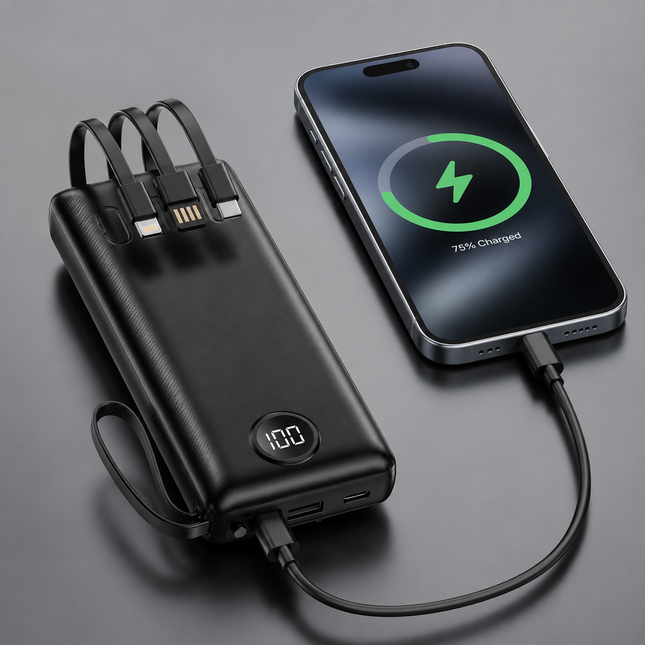 10000mAh Powerbank 15W – Inbyggda Kablar, Digital LED-display & Snabbladdning (A305)