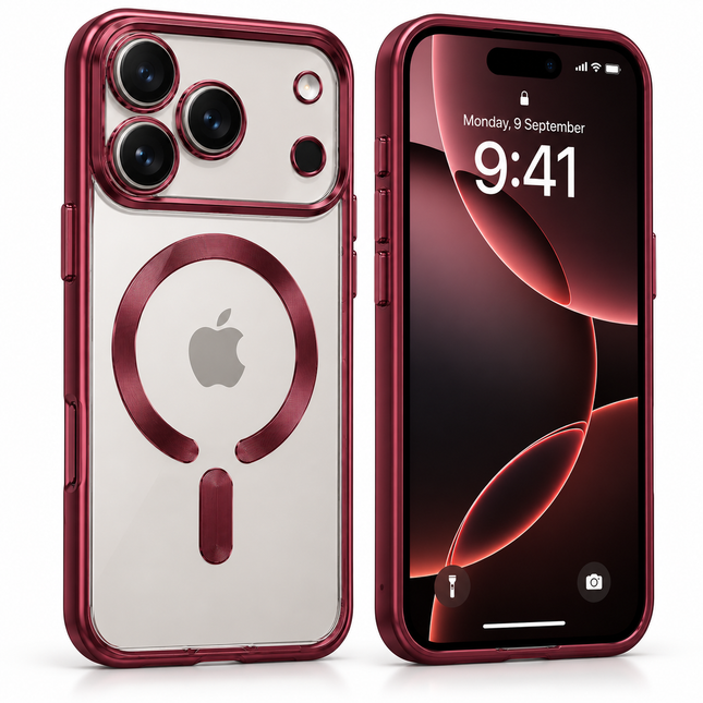 Transparent magnetiskt skal med kameraram för iPhone 18 Pro Max / iPhone 17 Pro Max – Vinröd