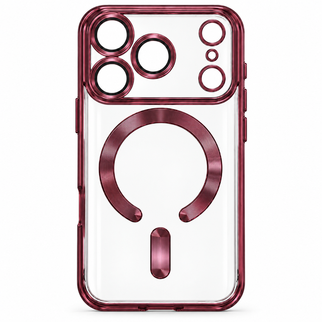 Transparent magnetiskt skal med kameraram för iPhone 18 Pro / iPhone 17 Pro – Vinröd