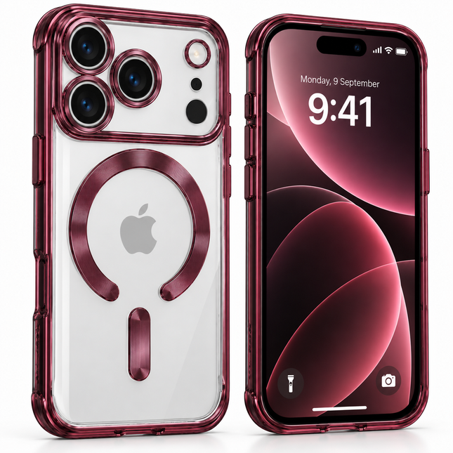 Transparent magnetiskt skal med kameraram för iPhone 18 Pro / iPhone 17 Pro – Vinröd