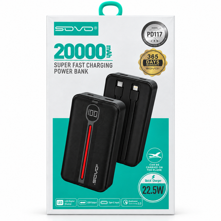 SOVO PD117 Powerbank 20000mAh – 22,5W Snabbladdning med Inbyggda Kablar