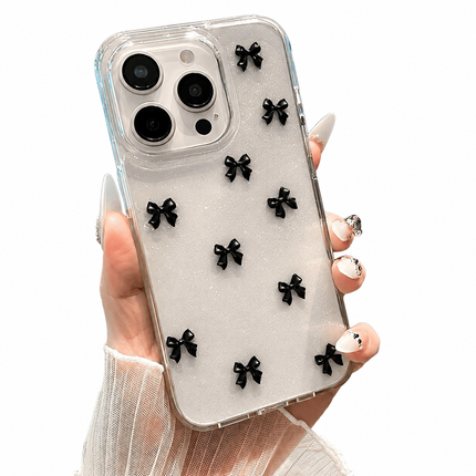 Transparent iPhone Skal med Svarta Rosetter – Glittrigt & Elegant Design