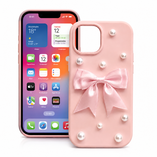 Rosa Mobilskal med Rosett & Pärlor – Elegant Bow Case