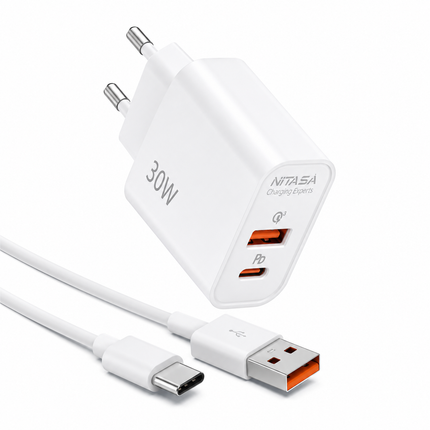 30W USB-C Reseladdare – GOVJU K-A002 – Snabbladdning 3.0, Dual Port (USB-C + USB-A)