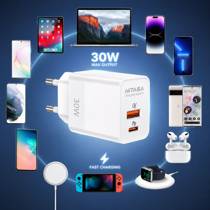 30W USB-C Reseladdare – GOVJU K-A002 – Snabbladdning 3.0, Dual Port (USB-C + USB-A)