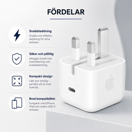 USB-C Strömadapter med UK-kontakt – Snabbladdare för iPhone och iPad